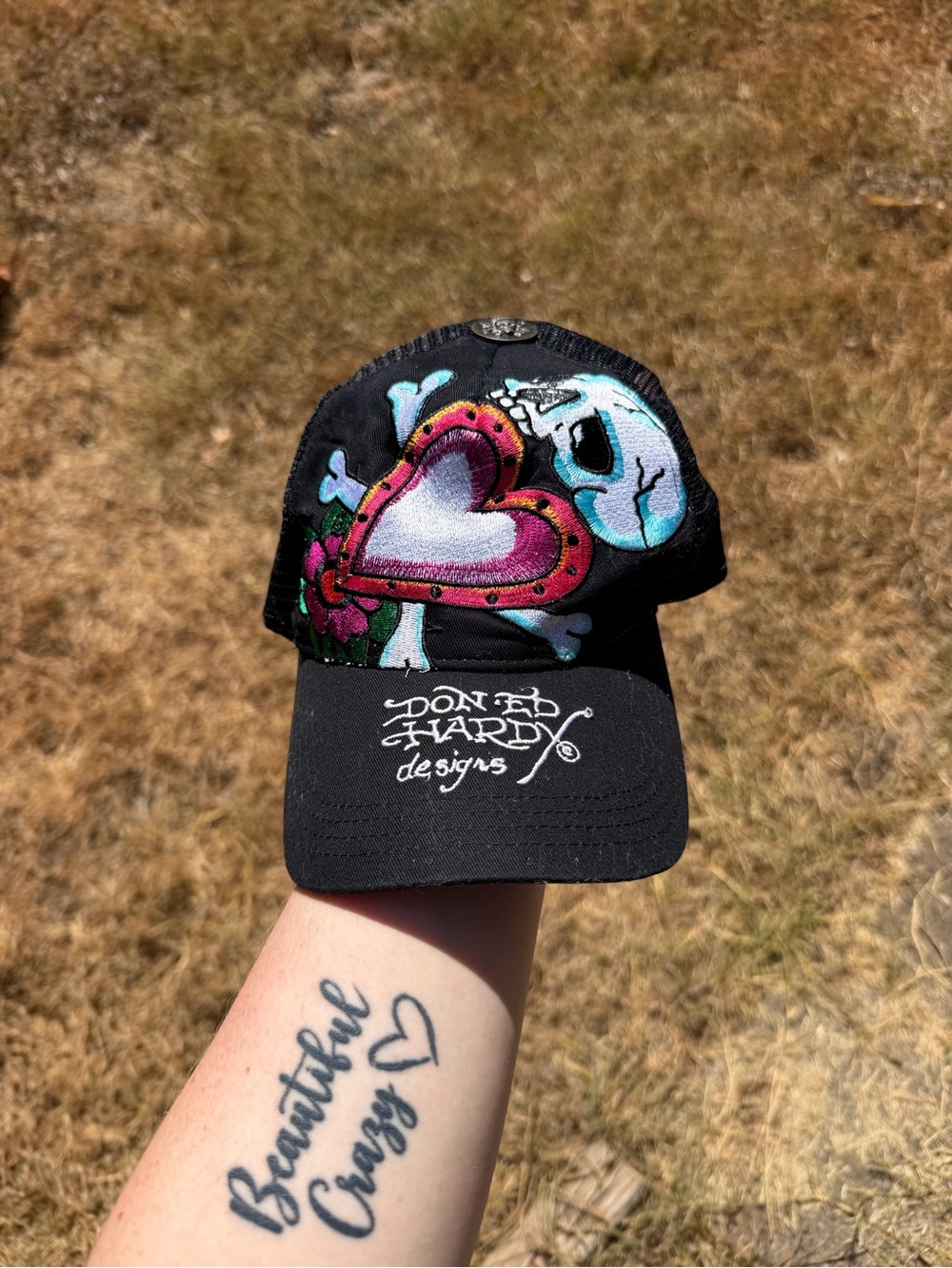 Ed Hardy Black Cap with Pink Heart & Blue Skull Embroidery